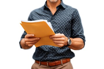 A man is reading a stack of papers while wearing a blue shirt with white dots