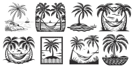 Monochrome hammock between palm trees on tropical beach set with sailboat sailing on calm sea at sunset, vintage travel or holiday themed vector design