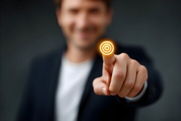A man is pointing at a glowing circle on a screen