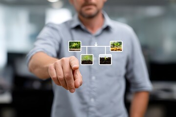A man is pointing at a tree diagram on a computer screen