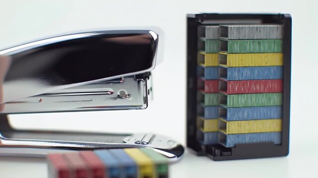 Close Up of Silver Stapler with Open Staple Box and Multi Colored Staples