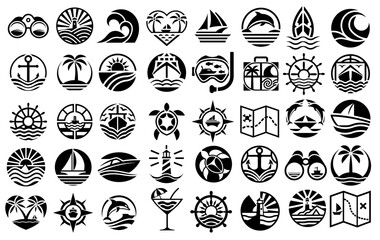 Black and white marine icons with navigation tools, palm trees, ships, and marine animals for vacation, travel, ocean exploration, and nautical themed graphic design resources