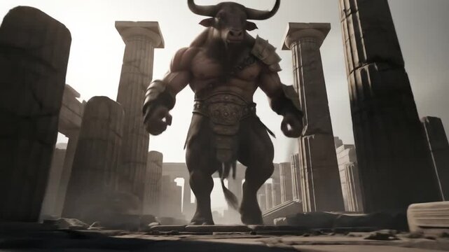 Giant Minotaur Creature Walking Through Ruined Ancient City with Crumbling Columns and Tall Skyscrapers in Background