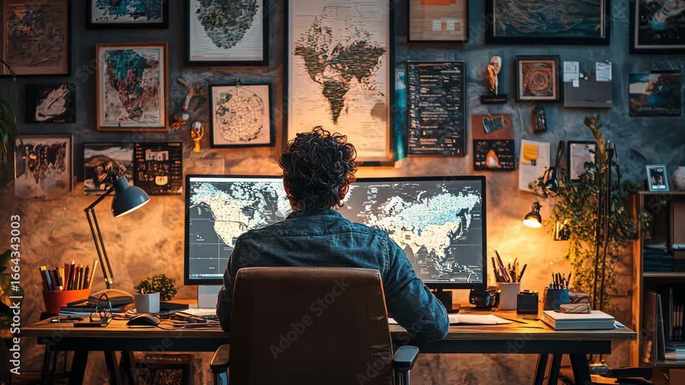 Poster man working at home office with world maps, computer screen displaying data