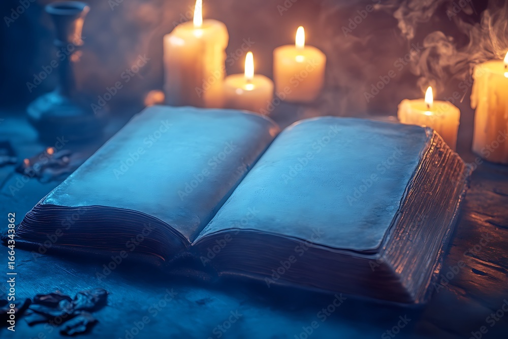 Poster an ancient spellbook open on a table with candles flickering around it