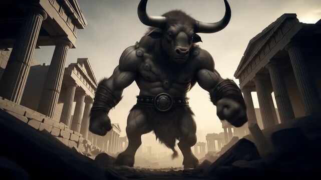Majestic Minotaur Standing Fiercely in Ancient Ruins with Sunlight Backdrop