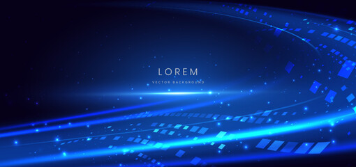 Obraz premium Scence futuristic glowing square pattern blue neon light ray with speed motion moving on dark blue background.