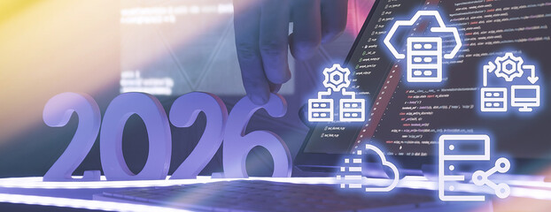 Futuristic 2026 concept with coding screen, symbolic cloud and server icons, and a hand interacting with modern digital technology.