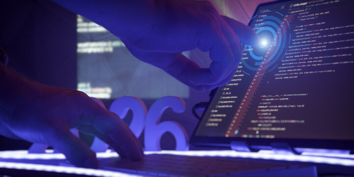 2026 touchscreen coding interface with futuristic UI - Powered by Adobe