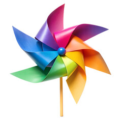 Colorful pinwheel toy isolated on transparent background, representing childhood fun and outdoor play during summer with its vibrant rainbow colors and spinning motion
