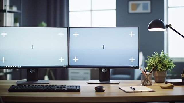 Dual Computer Monitors with Blank Screens on Desk in Home Office Setup
