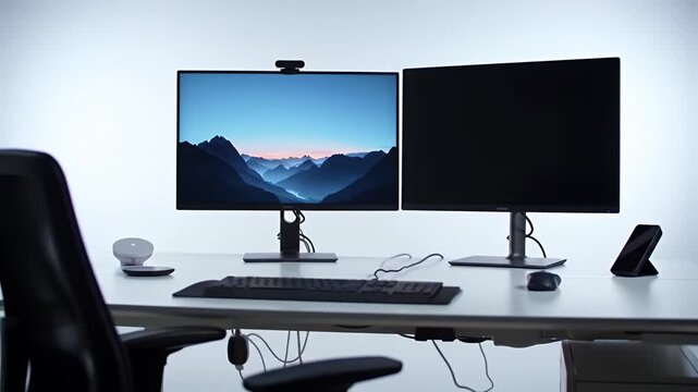 Dual Monitor Setup on a White Desk with Black Keyboard and Minimalist Design