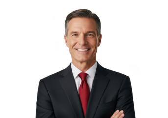 Stock photo of a smiling caucasian businessman in suit and red tie posing for a portrait, business professional, isolated on transparent background