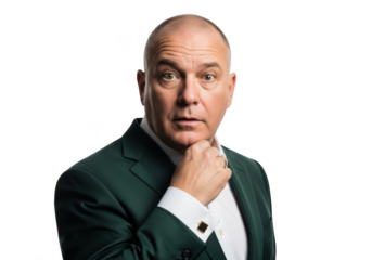 Portrait of bald head man in green suit with hand on chin thinking pensive isolated on transparent background