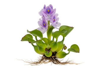 Vibrant purple water hyacinth blooms, with intricate green leaves and a visible root system, stands out against a striking black backdrop.