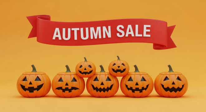 Festive halloween pumpkins arranged in a row beneath a bold red banner announcing an autumn sale