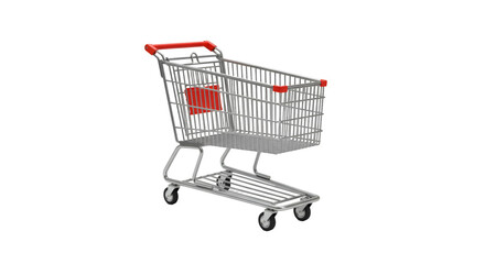 Shopping Cart: A modern shopping cart, commonly found in grocery stores and supermarkets, with a focus on the details of design and construction.