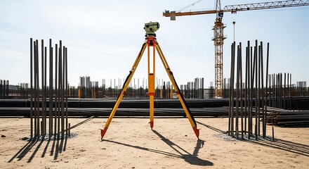 Surveying equipment, a total station on a tripod, precisely positioned at a construction site. Steel rebar and a crane illustrate crucial civil engineering for urban development projects