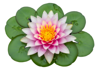 A vibrant pink lotus blossom, encircled by lush green leaves, rests gracefully on a dark background.