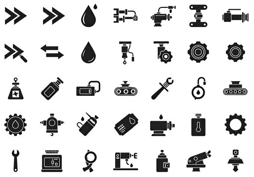 A collection of black glyph icons representing industrial machinery, tools, mechanical parts, and manufacturing processes.