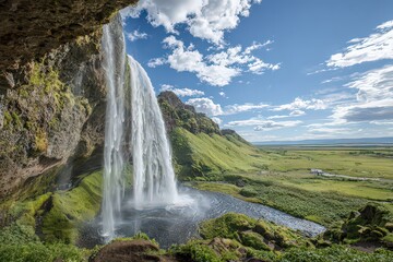 Obraz premium Majestic Waterfall Cascading Over Rocky Terrain In Lush Landscape