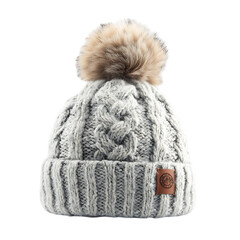 Cozy white knit beanie with fur pom pom