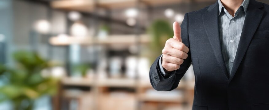 The businessman giving a thumbs up in a modern blurred office background