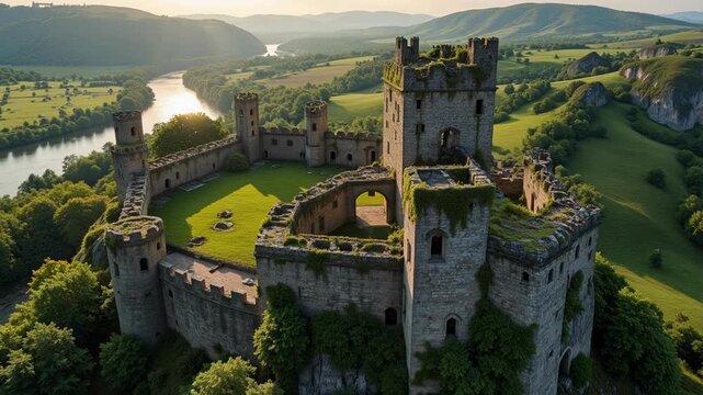 Breathtaking aerial drone footage captures ancient Georgian citadel majestically overlooking a serene, winding river below in stunning 4K resolution.