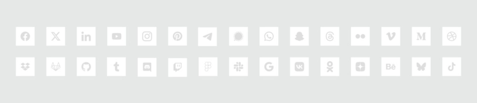 Collection of white social media logos in rectangle vector shapes