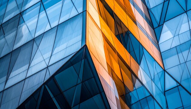 A modern architectural facade, showcasing a dynamic interplay of geometric glass panels in vibrant blue and warm orange hues, creating an intriguing visual composition.