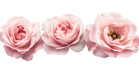 Three delicate pink roses against a stark black background