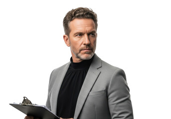 Professional businessman holding clipboard in gray suit portrait stock photo image resource, man, isolated on transparent background