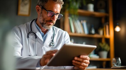A doctor with glasses and a stethoscope using a tablet in a room with a bookshelf behind him