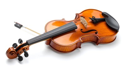 Fototapeta premium A classic violin, polished and smooth, rests on a plain white background, angled diagonally