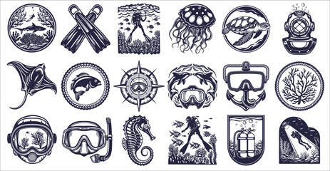 Monochrome vintage nautical set featuring diving equipment, sea creatures, and underwater scenes designed for diving enthusiasts and marine exploration projects.