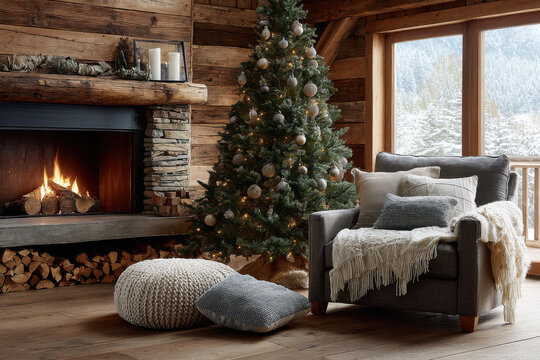 beautifully decorated christmas tree stands elegantly next to cozy fireplace adorned with soft glowing lights and