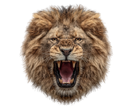Lion head with oversized mane and silly roar face, detailed fur texture, expressive wild animal portrait, isolated on transparency background, fierce yet humorous expression