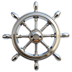 Obraz premium Polished silver ships wheel, a nautical steering control for maritime navigation, isolated on transparent background