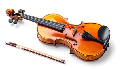 Fototapeta premium A classic wooden violin and bow, lying flat against a white background. The violin is a rich, warm golden color. The bow is a darker wood tone