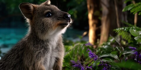 Close-up of a curious wallaby amidst vibrant green foliage in a serene outdoor setting during daylight hours