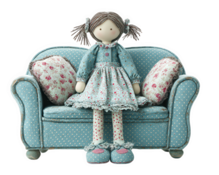 Cute plush doll with brown hair in pigtails wearing blue dress sits on cozy blue polka dot sofa with floral pillows, creating warm and inviting atmosphere