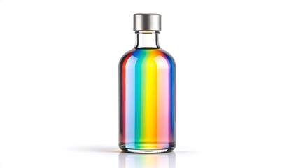 A clear glass bottle, cylindrical in shape, filled with a rainbow of iridescent colors.  A metallic silver cap tops the bottle.  It stands on a plain white background, with a reflection beneath