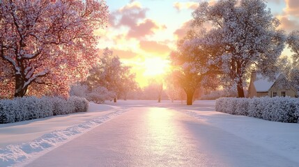 Snowy Sunset Winter Road Scene
