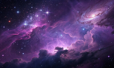 Fototapeta premium A vibrant cosmic scene featuring swirling clouds of purple, pink, and blue interspersed with bright stars. On the right, a prominent galaxy spirals gracefully, surrounded by a hazy nebula, creating a 