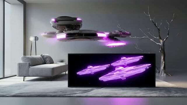 Sci‑fi marketing background,  customizable billboard mockup. Futuristic showroom scene with hovering ships, neon glow, and customizable display &ndash; perfect for branding, marketing, or luxury tech