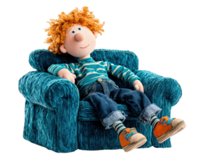 Cute plush doll with curly orange hair wearing striped shirt and jeans, sitting relaxed on cozy blue sofa with pillows, cheerful and playful atmosphere