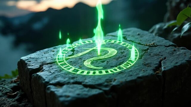 Enchanting glowing rune stone amidst mystical green foliage, perfect for fantasy game design and magical realism book covers