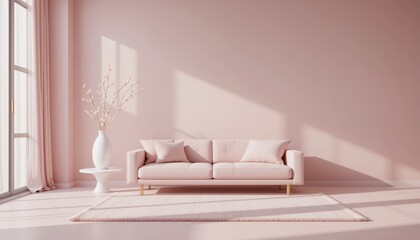 Pastel pink living room with sunlight and flowers in modern minimalist home interior decor scene