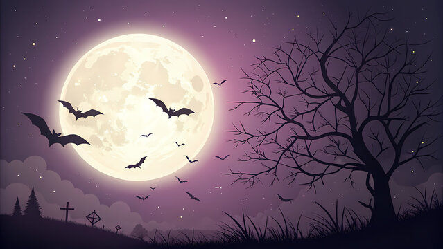 Full Moon Night Banner, dark purple sky gradient, minimal and modern Halloween design