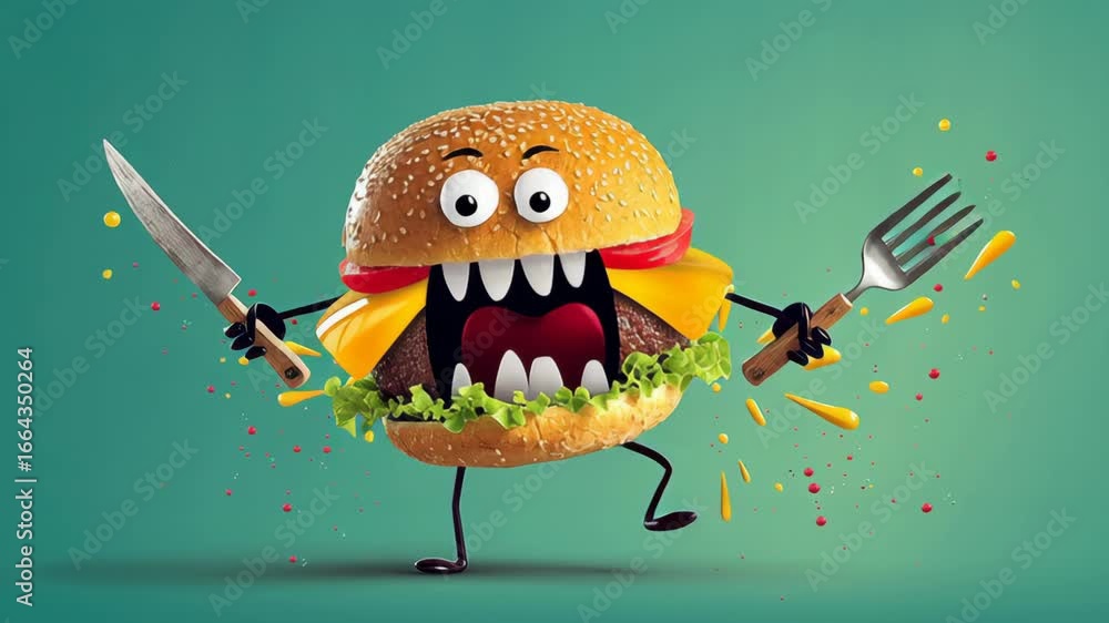 Poster animated burger character with exaggerated facial features and utensils, energetically expressing ex